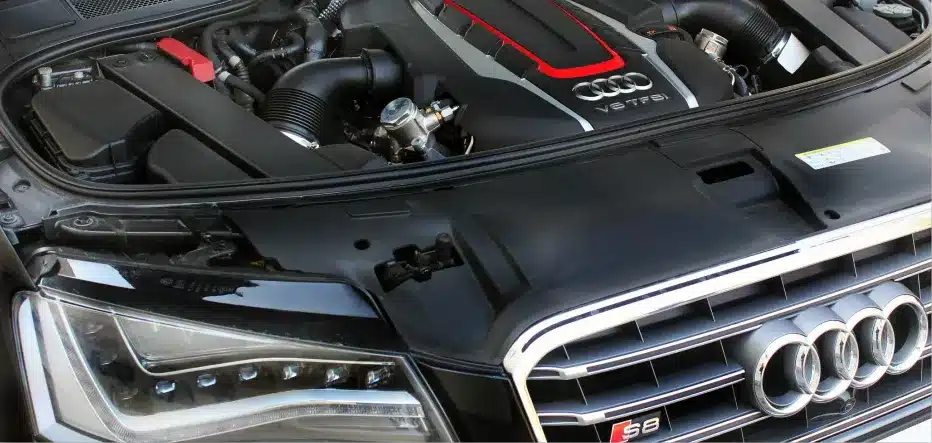 Audi repair in St. Charles, IL by Precision Motorworks. Image of an Audi S8 V8 TFSI engine bay, showcasing precision engineering and professional maintenance service.