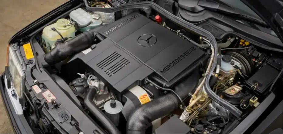 Mercedes repair in St. Charles, IL by Precision Motorworks. Image of a Mercedes engine bay with detailed components, emphasizing the shop’s precision diagnostics, commitment to performance, and reliable European auto repair.