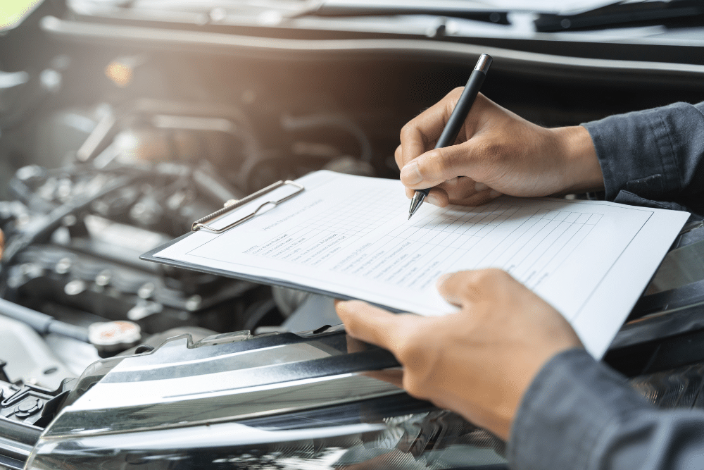 Car Maintenance Checklist in St. Charles, IL by Precision Motorworks. A person writes on a clipboard over a car engine, likely completing an inspection form.