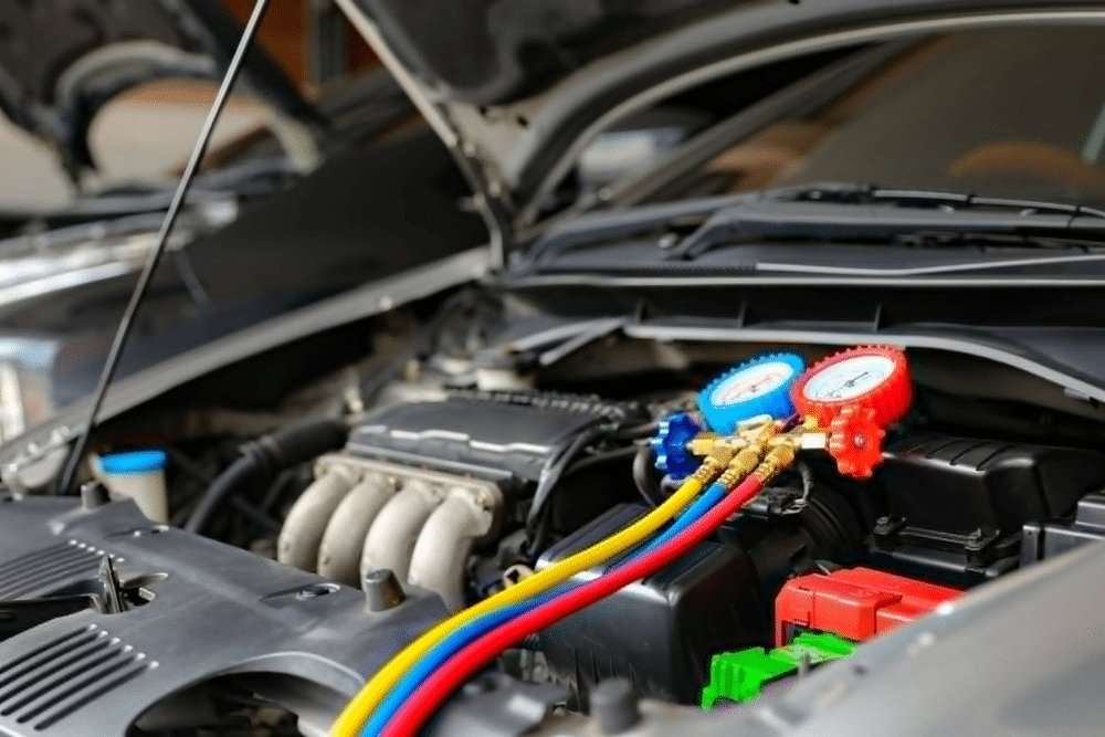 Mercedes-Benz A/C Blowing Warm? 1234yf Auto Air Conditioning Repair in St. Charles, IL - Precision Motorworks - Car care maintenance and service, Hand technician auto mechanic using measuring manifold gauge check refrigerant and filling car air conditioner to fix repairing heat conditioning system.